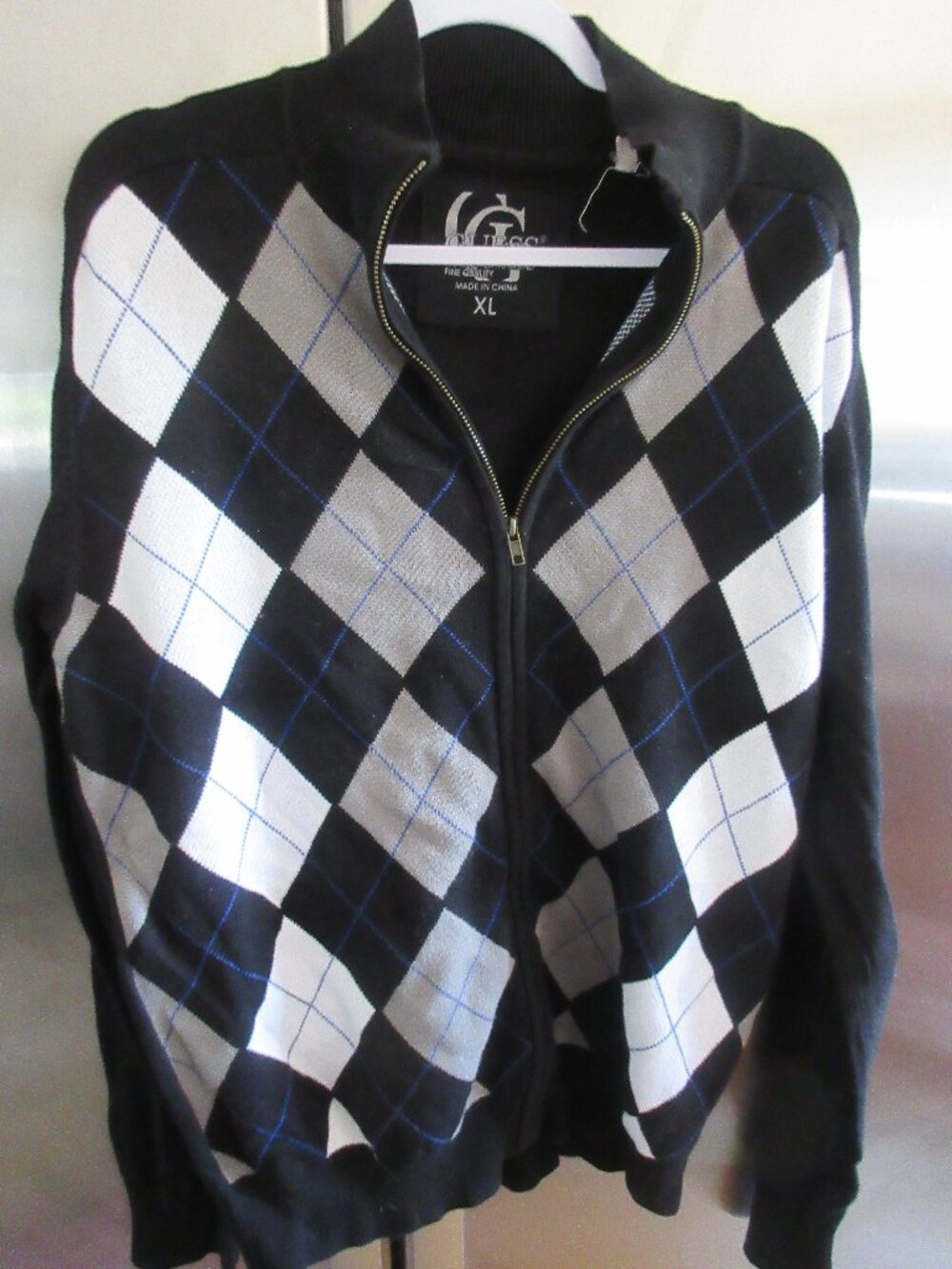 Men's Guess  Classic‎ Black Argyle Zip-Up Sweater cotton xl